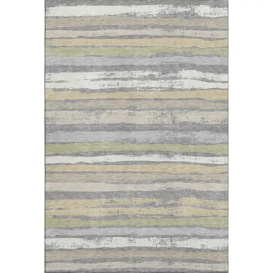 Gray Ivory And Artichoke Green Striped Washable Area Rug With UV Protection Photo 1