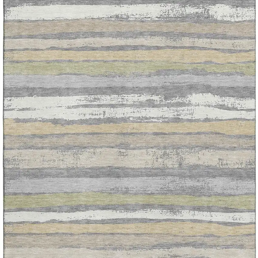 Gray Ivory And Artichoke Green Striped Washable Area Rug With UV Protection Photo 2