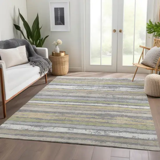 Gray Ivory And Artichoke Green Striped Washable Area Rug With UV Protection Photo 6