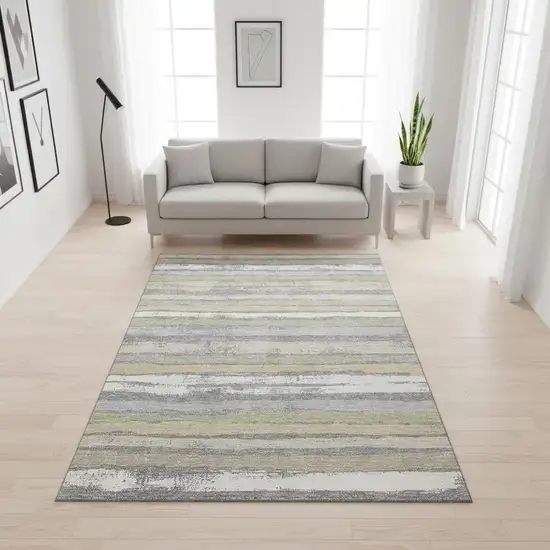 Gray Ivory And Artichoke Green Striped Washable Area Rug With UV Protection Photo 2