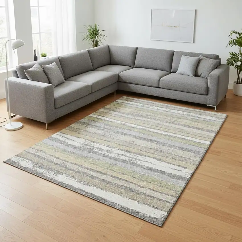 Gray Ivory And Artichoke Green Striped Washable Area Rug With UV Protection Photo 2