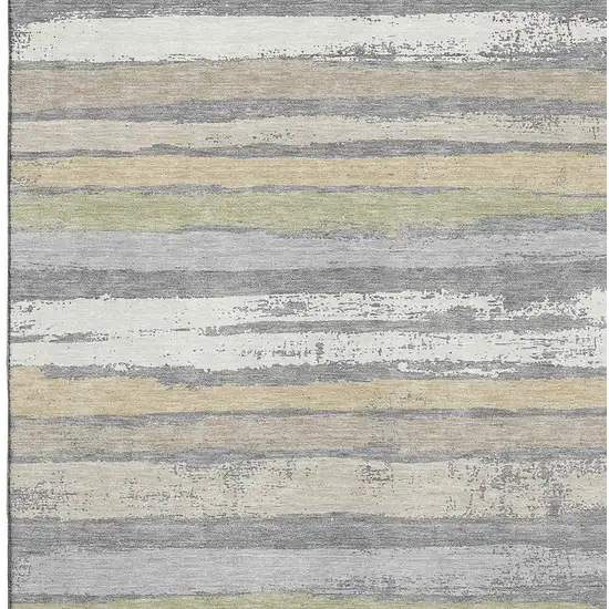 Gray Ivory And Artichoke Green Striped Washable Area Rug With UV Protection Photo 2