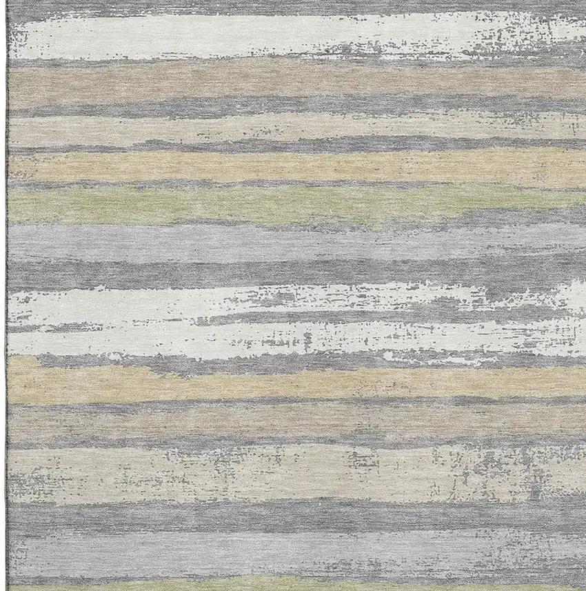 Gray Ivory And Artichoke Green Striped Washable Area Rug With UV Protection Photo 2