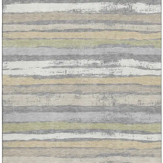 Gray Ivory And Artichoke Green Striped Washable Area Rug With UV Protection Photo 3