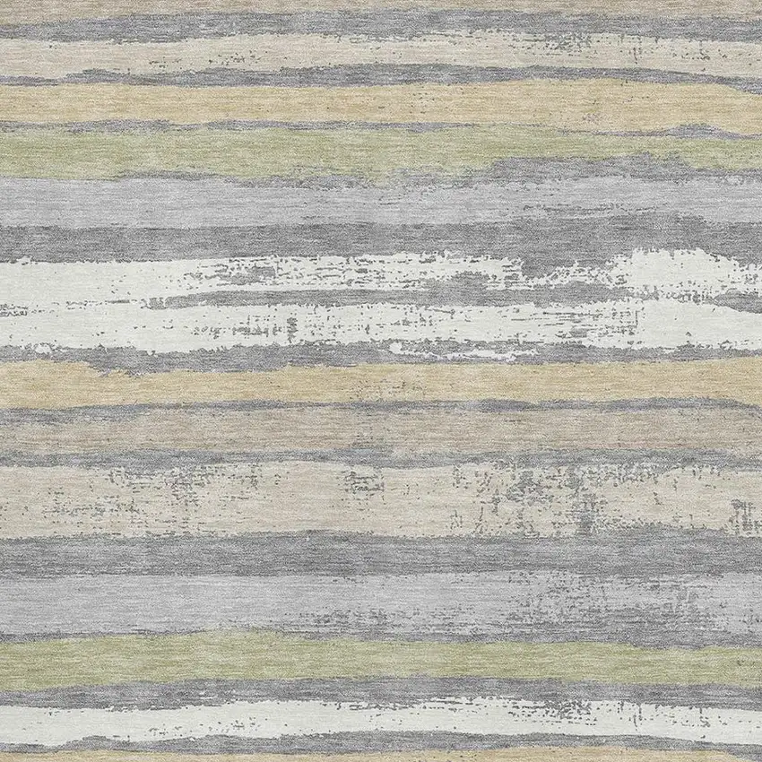 Gray Ivory And Artichoke Green Striped Washable Area Rug With UV Protection Photo 2