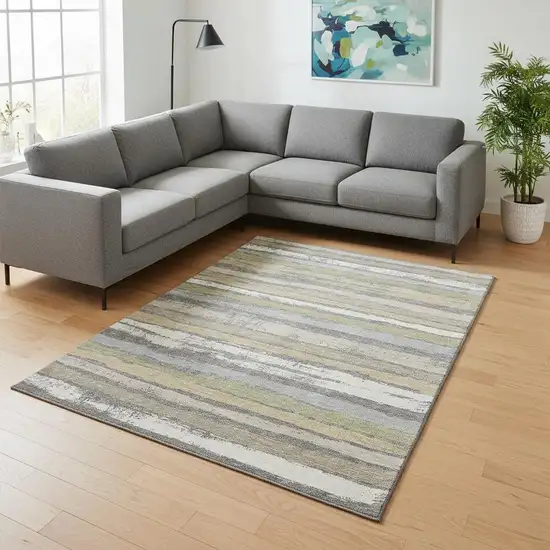 Gray Ivory And Artichoke Green Striped Washable Area Rug With UV Protection Photo 2
