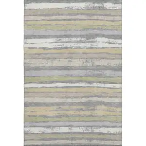 Photo of Gray Ivory And Artichoke Green Striped Washable Area Rug With UV Protection