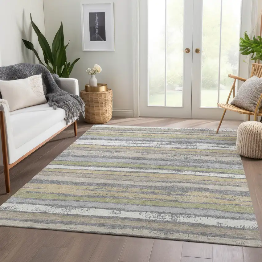 Gray Ivory And Artichoke Green Striped Washable Area Rug With UV Protection Photo 5