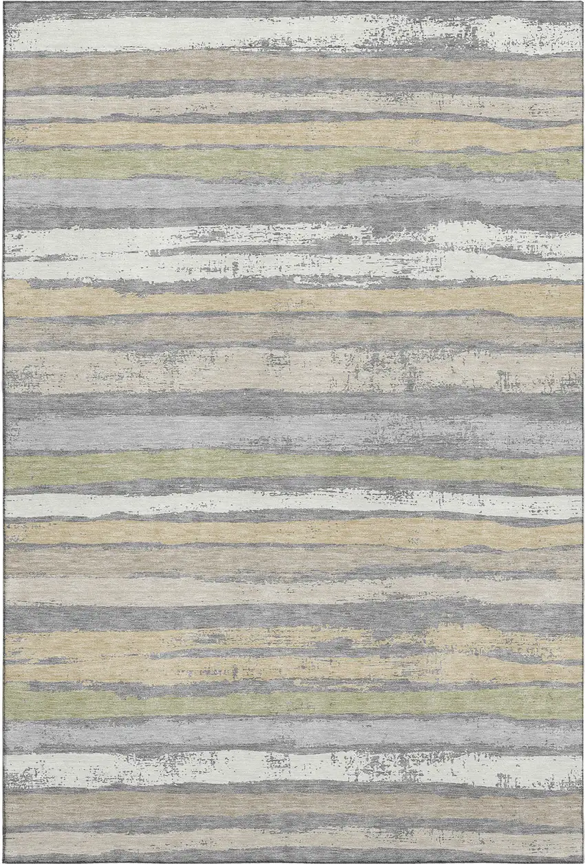 Gray Ivory And Artichoke Green Striped Washable Area Rug With UV Protection Photo 1