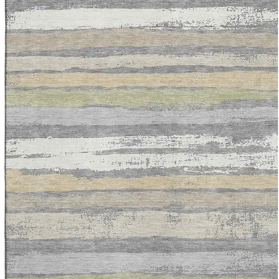 Gray Ivory And Artichoke Green Striped Washable Area Rug With UV Protection Photo 2