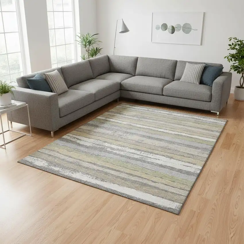 Gray Ivory And Artichoke Green Striped Washable Area Rug With UV Protection Photo 2