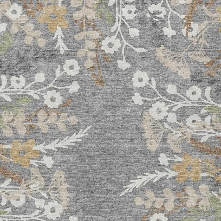 Gray Ivory And Beige Floral Washable Indoor Outdoor Area Rug Photo 7