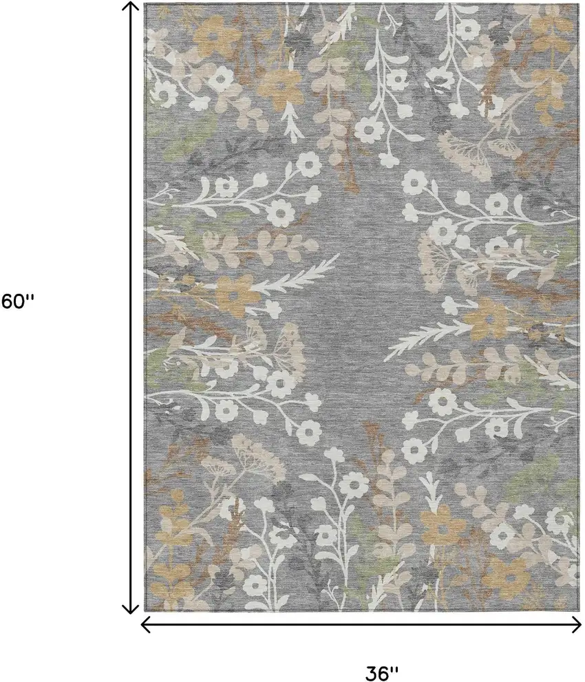 Gray Ivory And Beige Floral Washable Indoor Outdoor Area Rug Photo 3