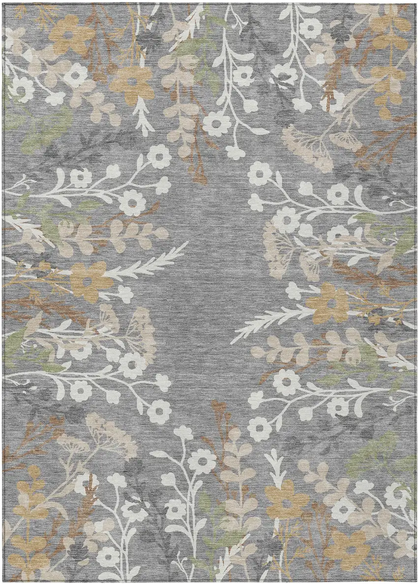 Gray Ivory And Beige Floral Washable Indoor Outdoor Area Rug Photo 2