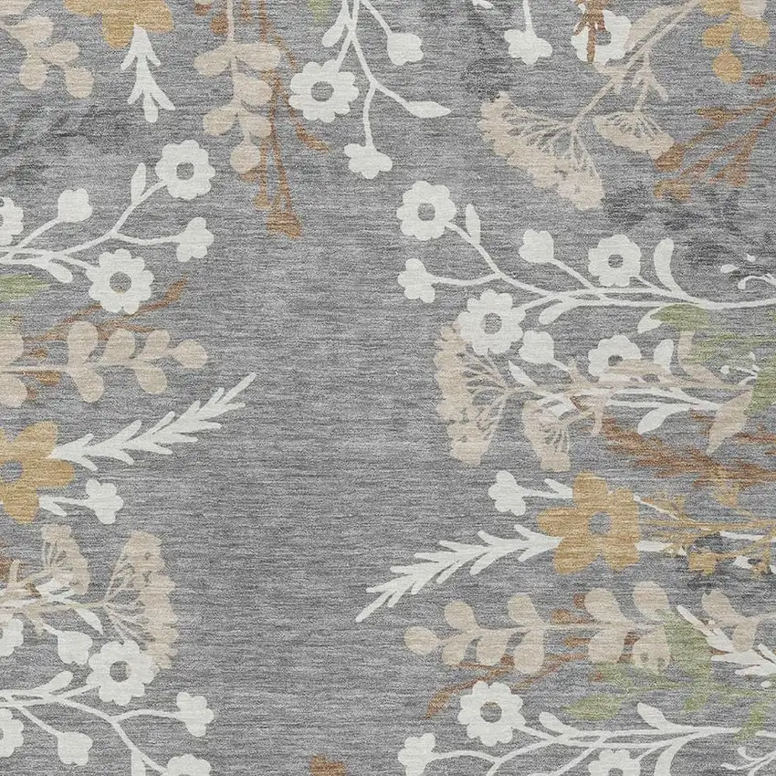 Gray Ivory And Beige Floral Washable Indoor Outdoor Area Rug Photo 7