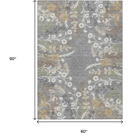 Gray Ivory And Beige Floral Washable Indoor Outdoor Area Rug Photo 3