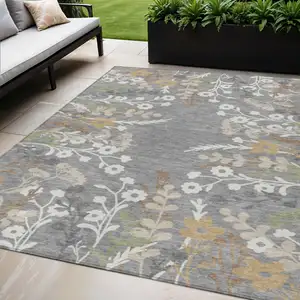Photo of Gray Ivory And Beige Floral Washable Indoor Outdoor Area Rug