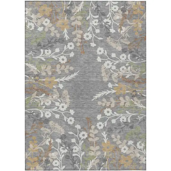 Gray Ivory And Beige Floral Washable Indoor Outdoor Area Rug Photo 2