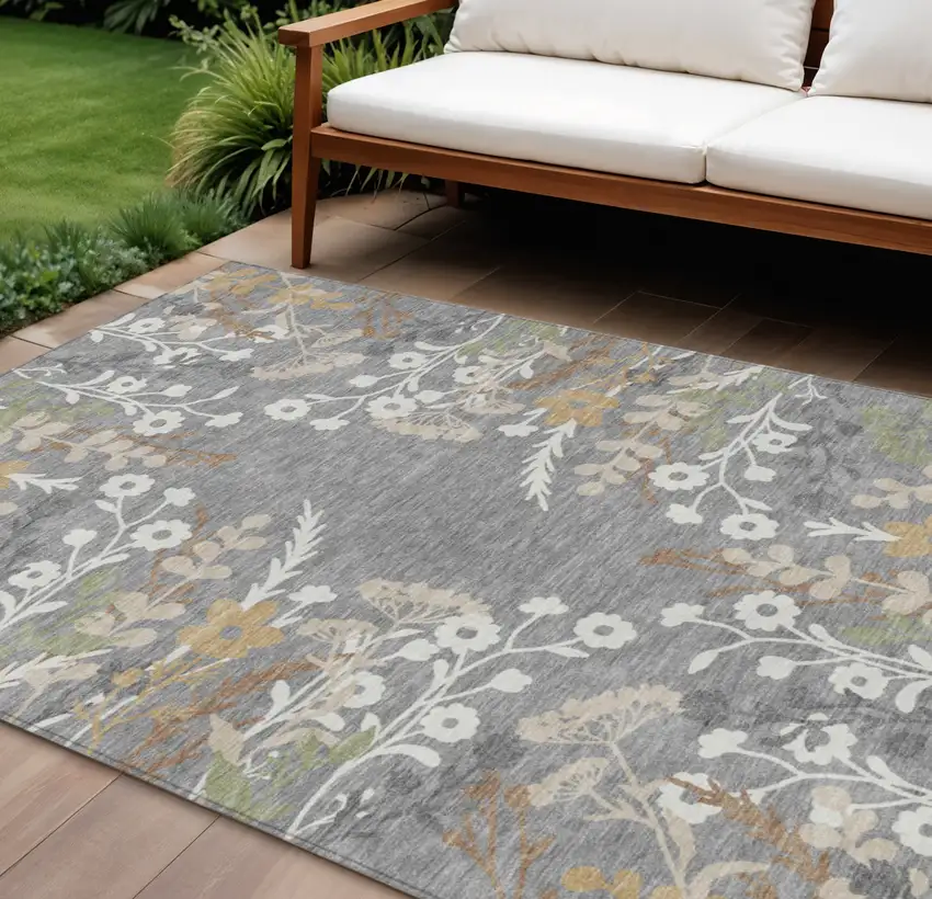 Gray Ivory And Beige Floral Washable Indoor Outdoor Area Rug Photo 1
