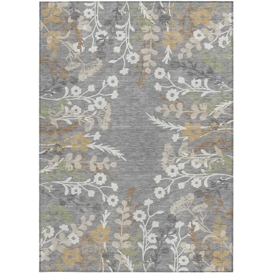 Gray Ivory And Beige Floral Washable Indoor Outdoor Area Rug Photo 5