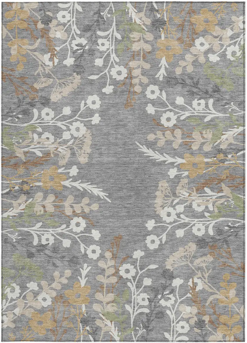 Gray Ivory And Beige Floral Washable Indoor Outdoor Area Rug Photo 5