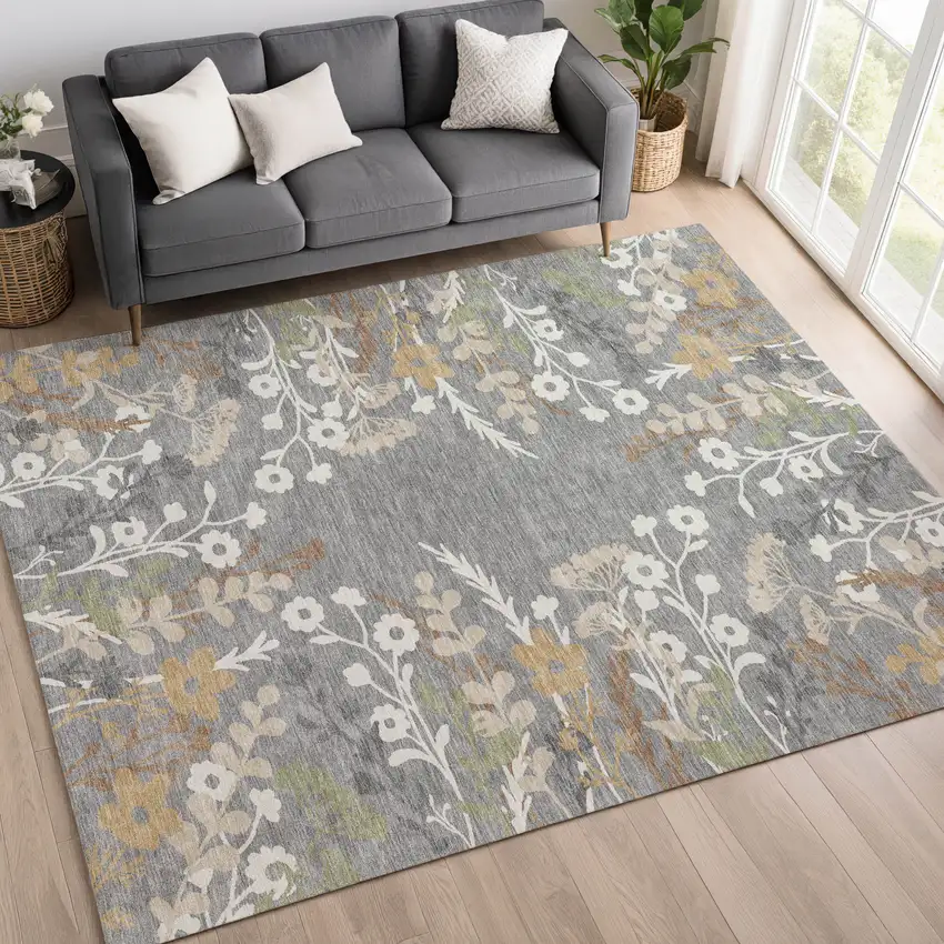 Gray Ivory And Beige Floral Washable Indoor Outdoor Area Rug Photo 9