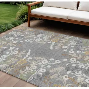 Photo of Gray Ivory And Beige Floral Washable Indoor Outdoor Area Rug