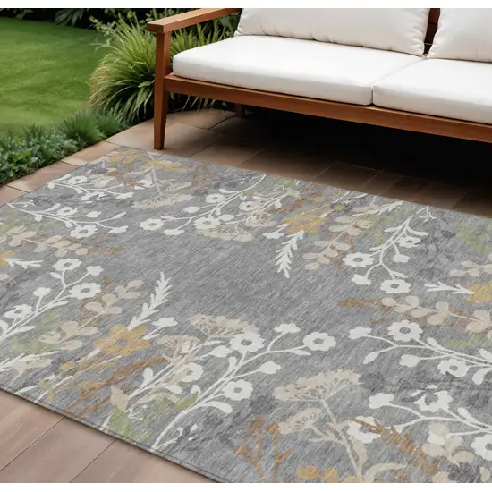 Gray Ivory And Beige Floral Washable Indoor Outdoor Area Rug Photo 1