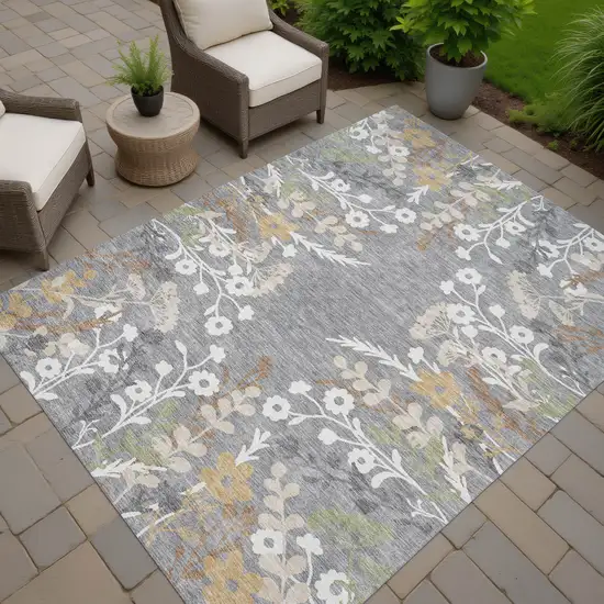 Gray Ivory And Beige Floral Washable Indoor Outdoor Area Rug Photo 7
