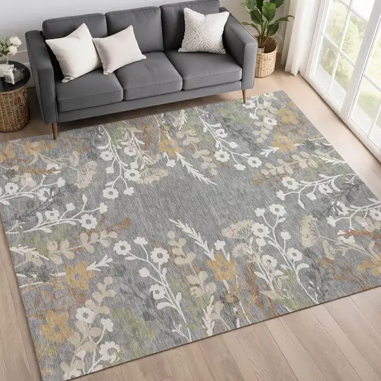 Gray Ivory And Beige Floral Washable Indoor Outdoor Area Rug Photo 9