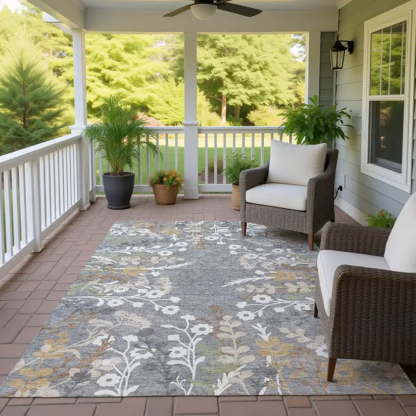 Gray Ivory And Beige Floral Washable Indoor Outdoor Area Rug Photo 9