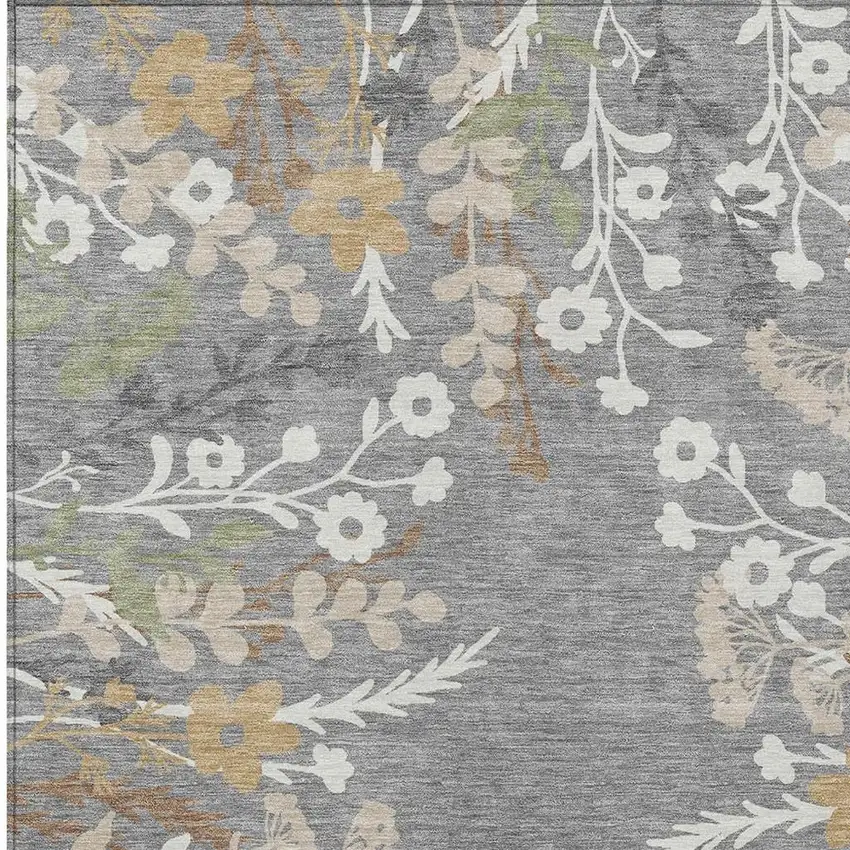 Gray Ivory And Beige Floral Washable Indoor Outdoor Area Rug Photo 7