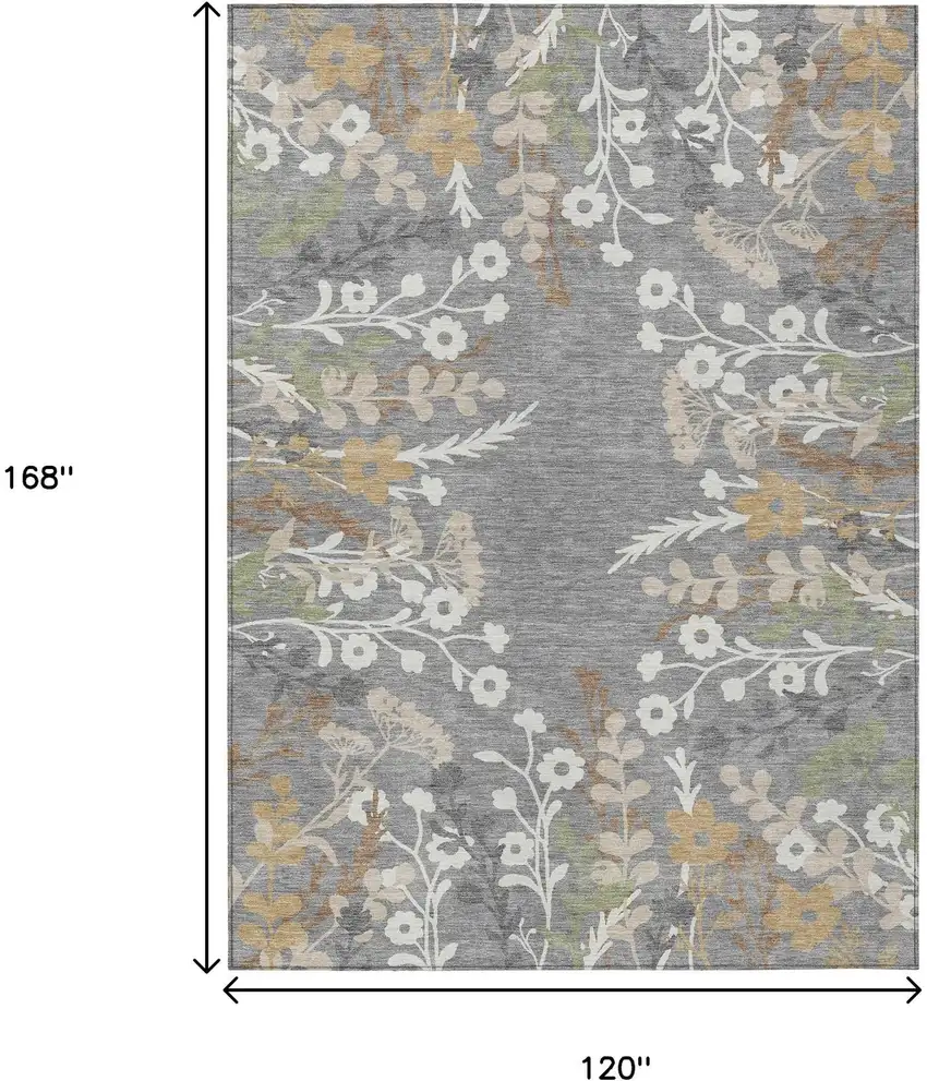 Gray Ivory And Beige Floral Washable Indoor Outdoor Area Rug Photo 3