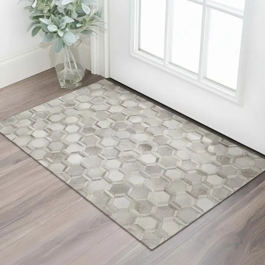 Gray Ivory And Beige Geometric Washable Area Rug With UV Protection Photo 1