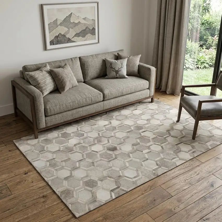Gray Ivory And Beige Geometric Washable Area Rug With UV Protection Photo 1