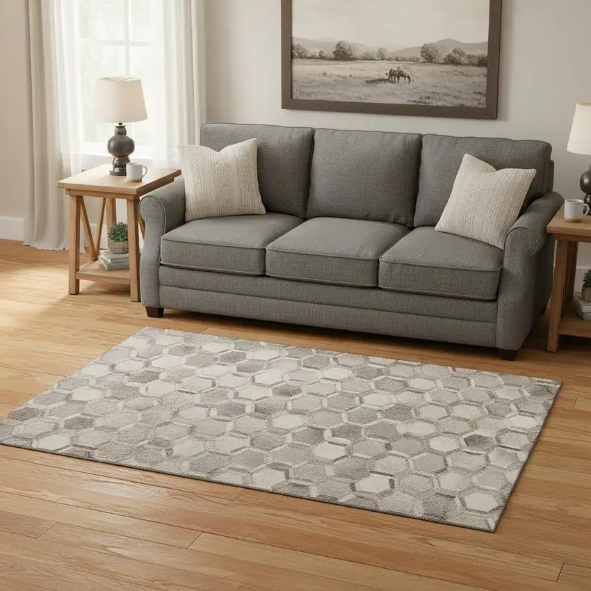 Gray Ivory And Beige Geometric Washable Area Rug With UV Protection Photo 1