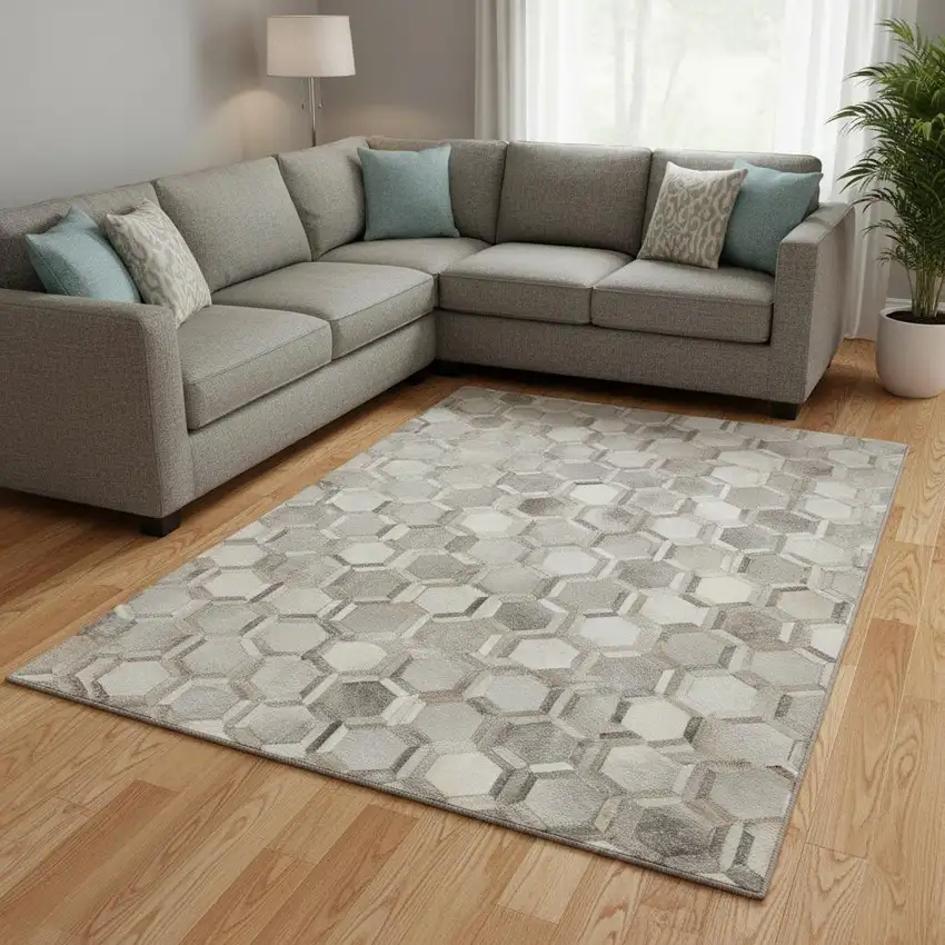 Gray Ivory And Beige Geometric Washable Area Rug With UV Protection Photo 1