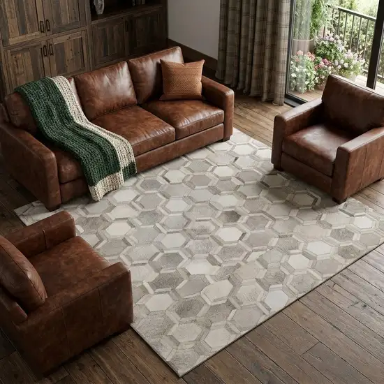 Gray Ivory And Beige Geometric Washable Area Rug With UV Protection Photo 1