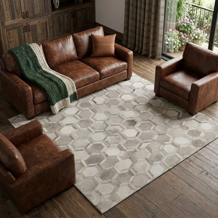 Gray Ivory And Beige Geometric Washable Area Rug With UV Protection Photo 1