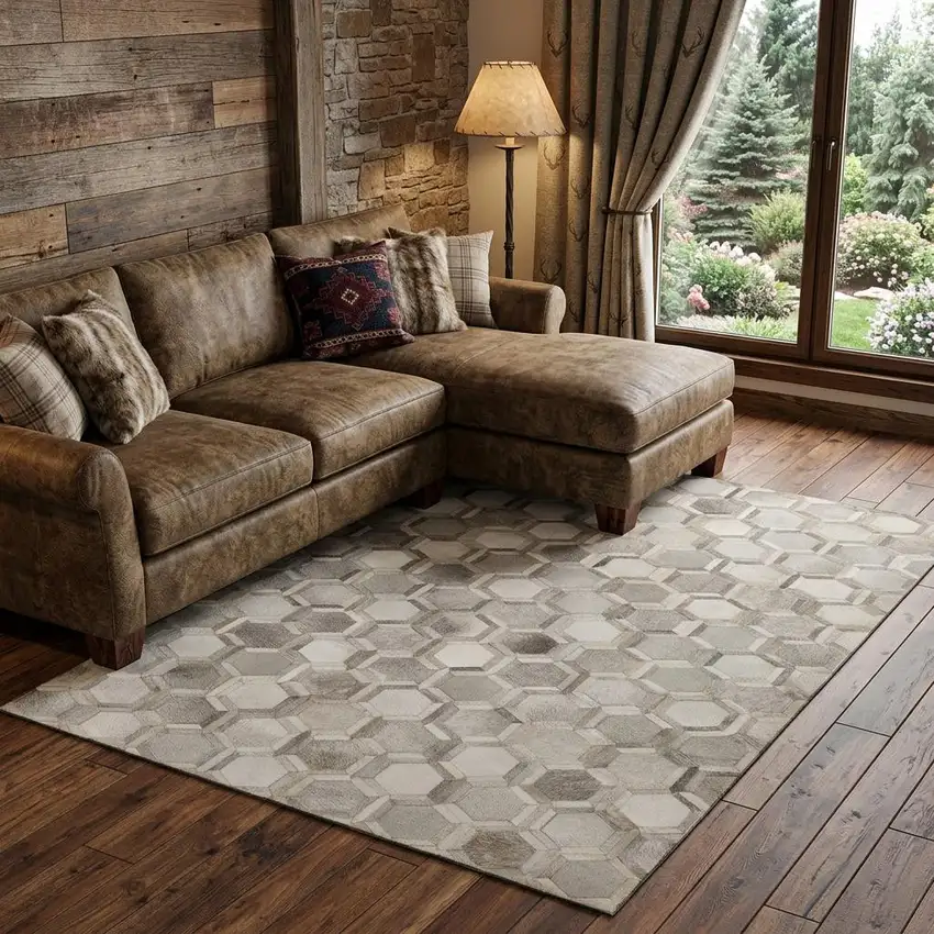 Gray Ivory And Beige Geometric Washable Area Rug With UV Protection Photo 1