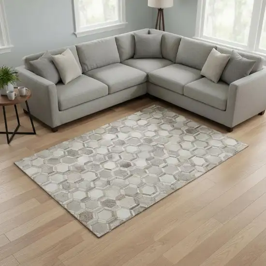Gray Ivory And Beige Geometric Washable Area Rug With UV Protection Photo 1
