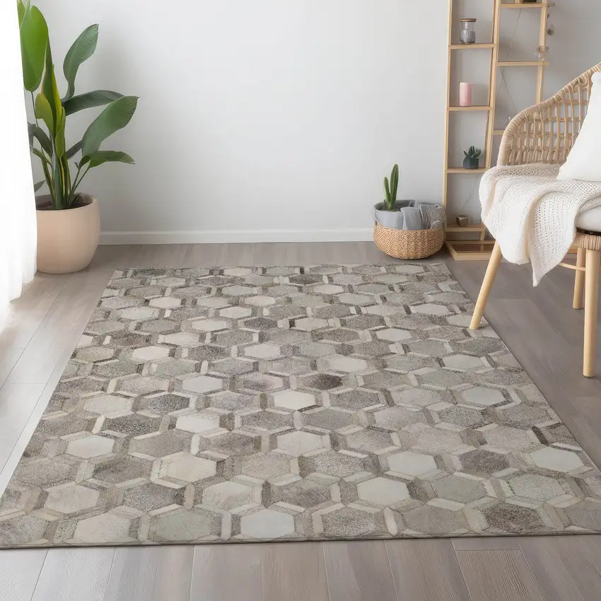 Gray Ivory And Beige Geometric Washable Area Rug With UV Protection Photo 4
