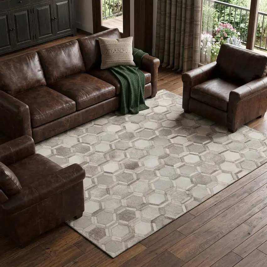 Gray Ivory And Beige Geometric Washable Area Rug With UV Protection Photo 1