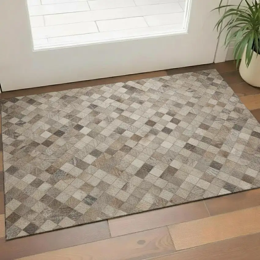 Gray Ivory And Beige Geometric Washable Area Rug With UV Protection Photo 1
