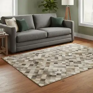 Photo of Gray Ivory And Beige Geometric Washable Area Rug With UV Protection