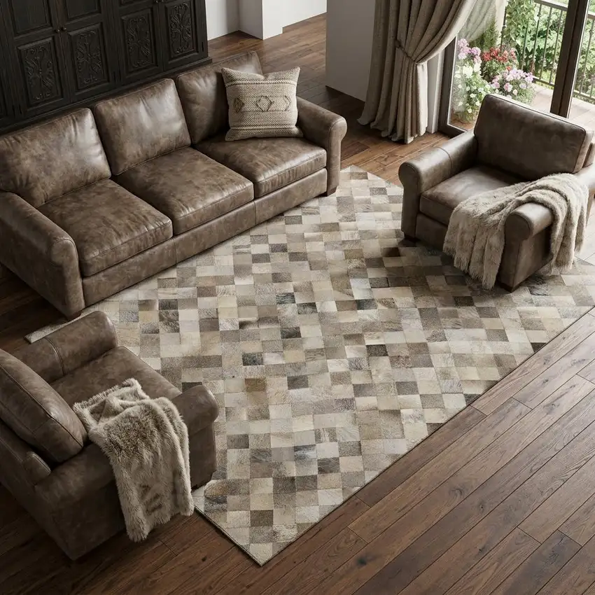 Gray Ivory And Beige Patchwork Washable Area Rug With UV Protection Photo 1