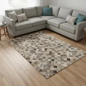 Photo of Gray Ivory And Beige Geometric Washable Area Rug With UV Protection