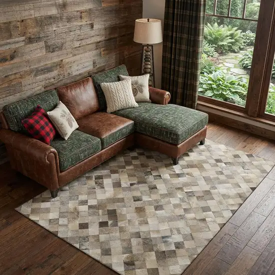 Gray Ivory And Beige Patchwork Washable Area Rug With UV Protection Photo 1