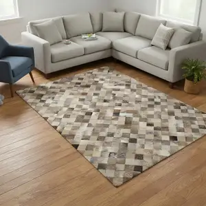 Photo of Gray Ivory And Beige Geometric Washable Area Rug With UV Protection