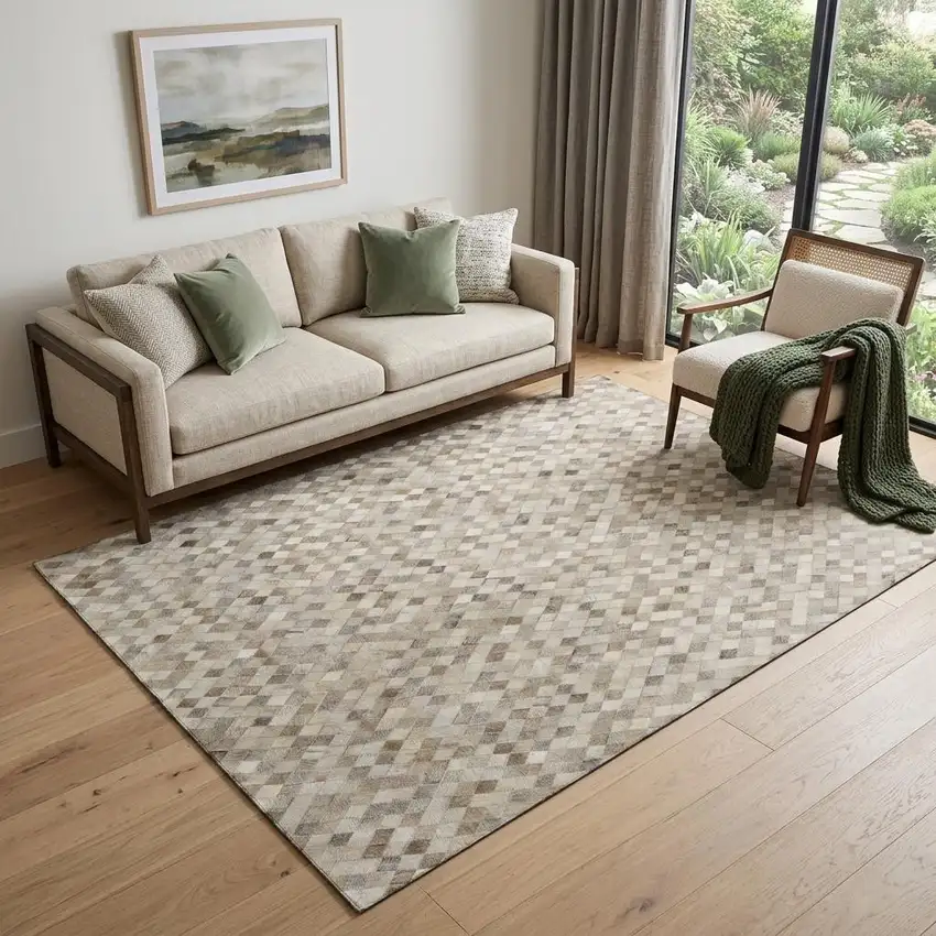 Gray Ivory And Beige Diamond Washable Area Rug With UV Protection Photo 1